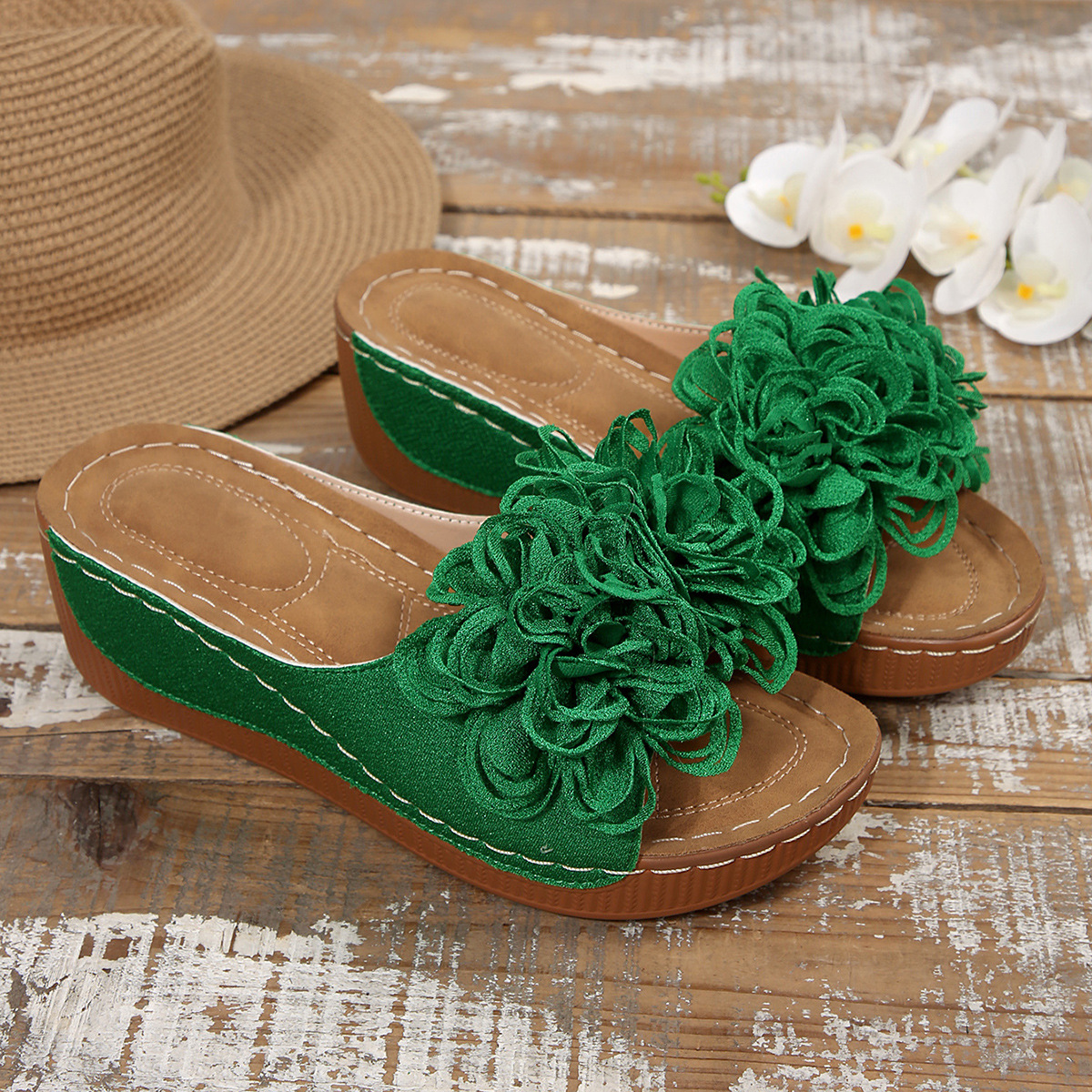 Floral Wedge Slide Sandals – Open Toe Comfort Mules