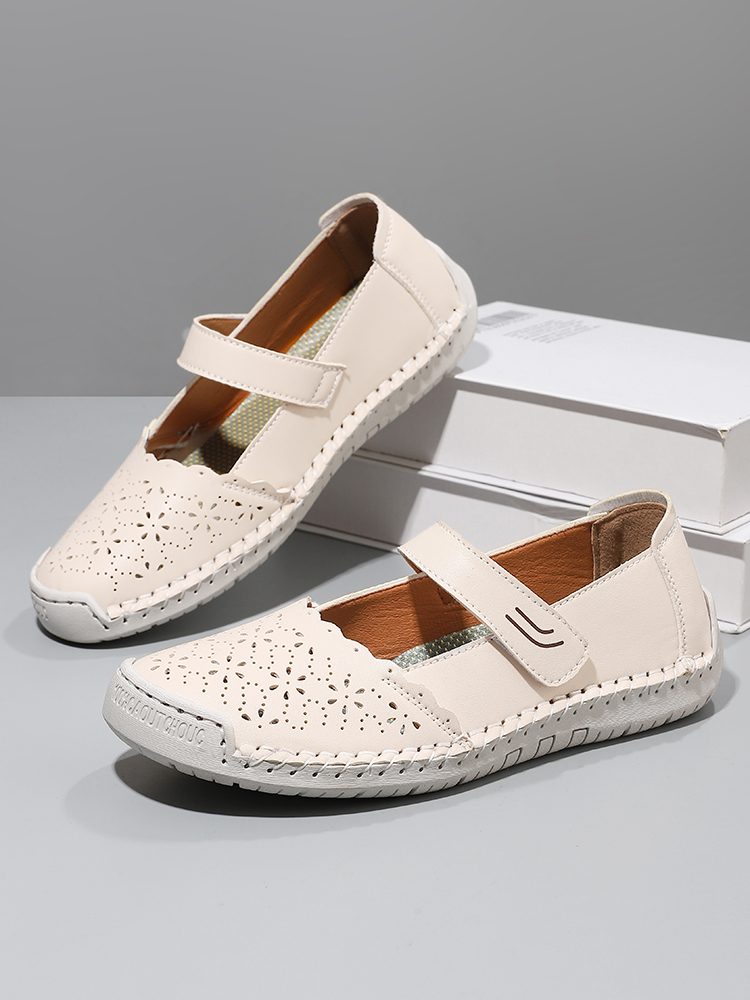 Perforated Mary Jane Flats – Hook-and-Loop Comfort Walking Shoes