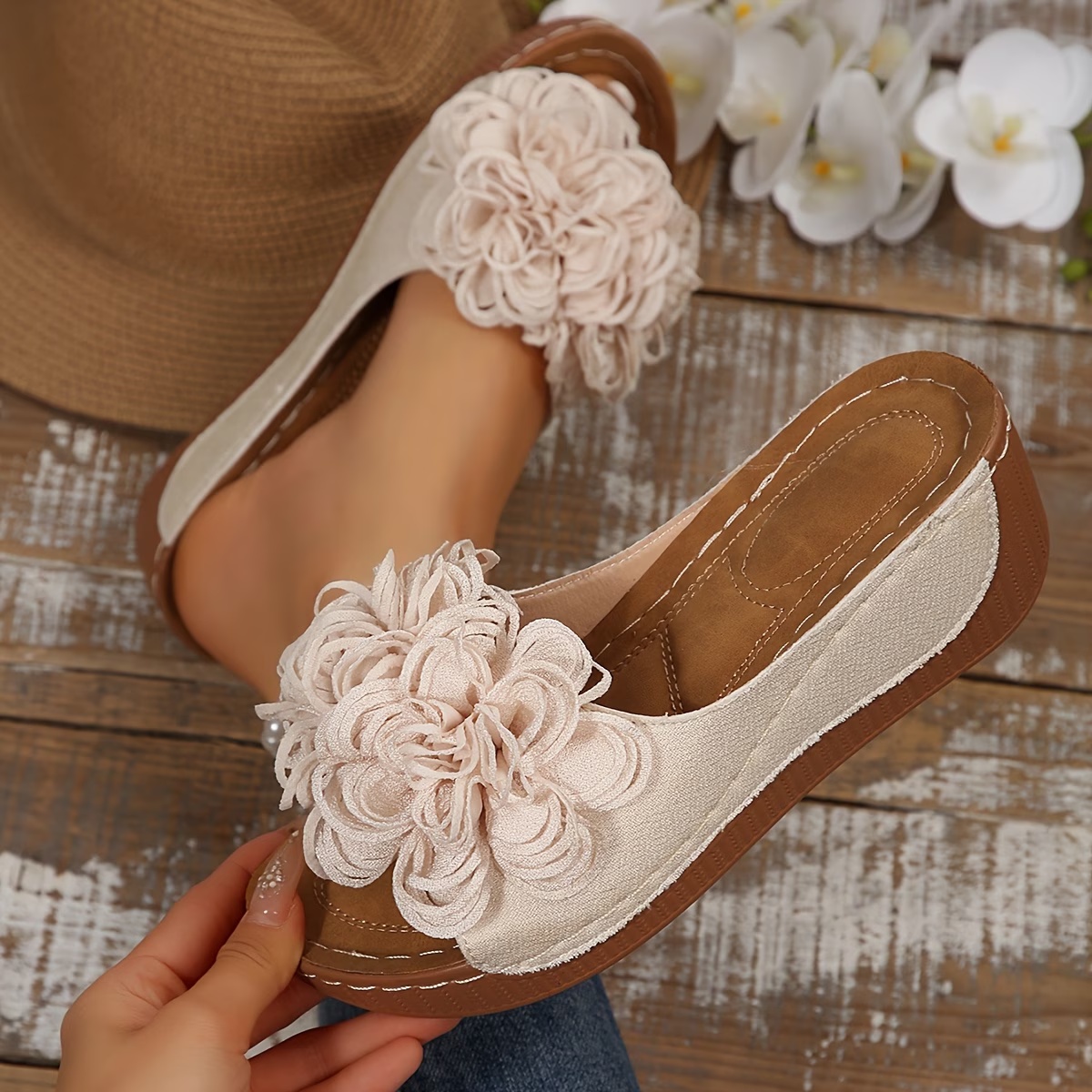 Floral Wedge Slide Sandals – Open Toe Comfort Mules