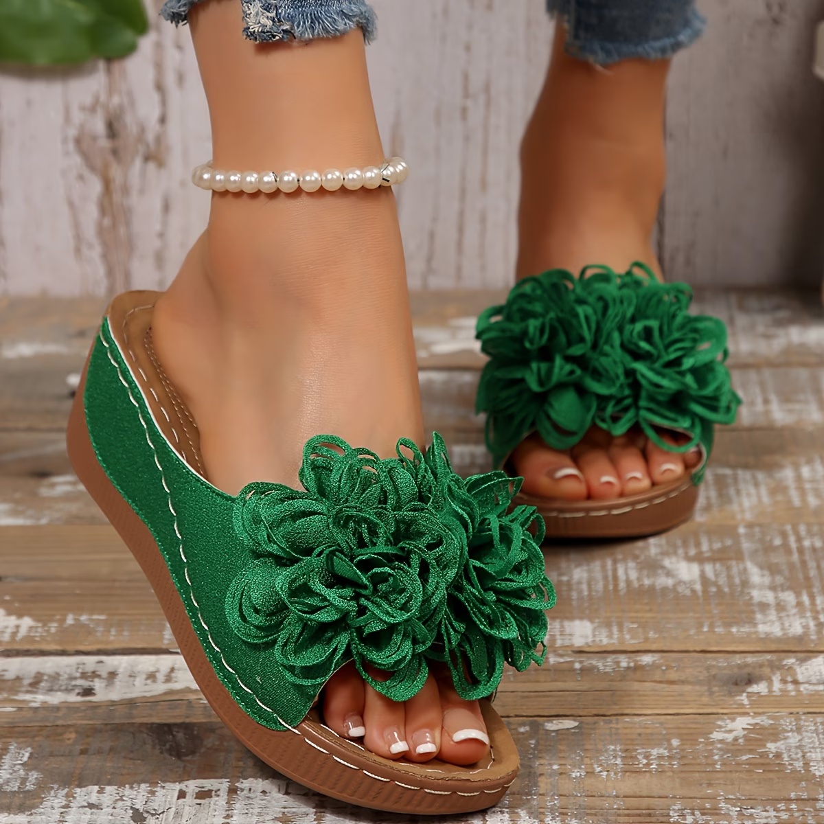 Floral Wedge Slide Sandals – Open Toe Comfort Mules