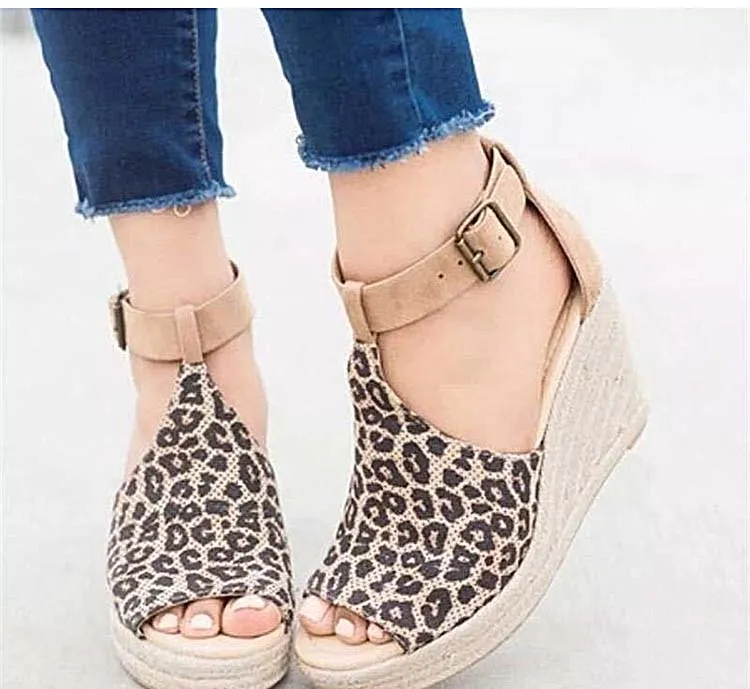Leopard Wedge Sandals – Buckle Ankle Strap Platform Sandals
