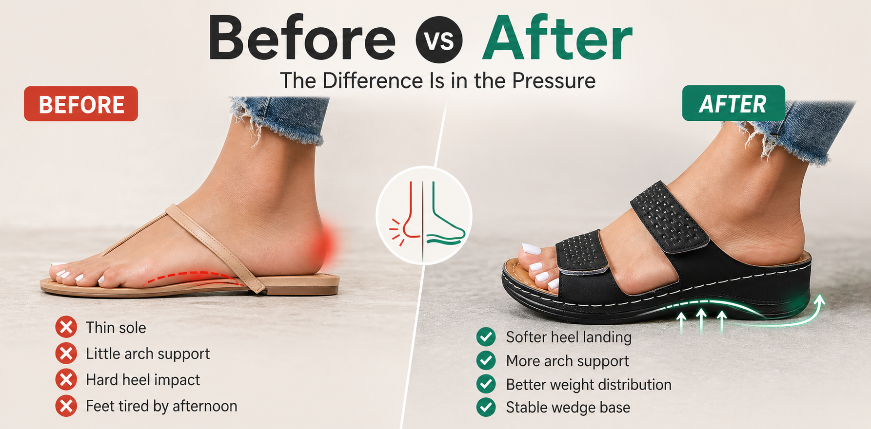 Before and after comparison of flat sandals versus wedge support