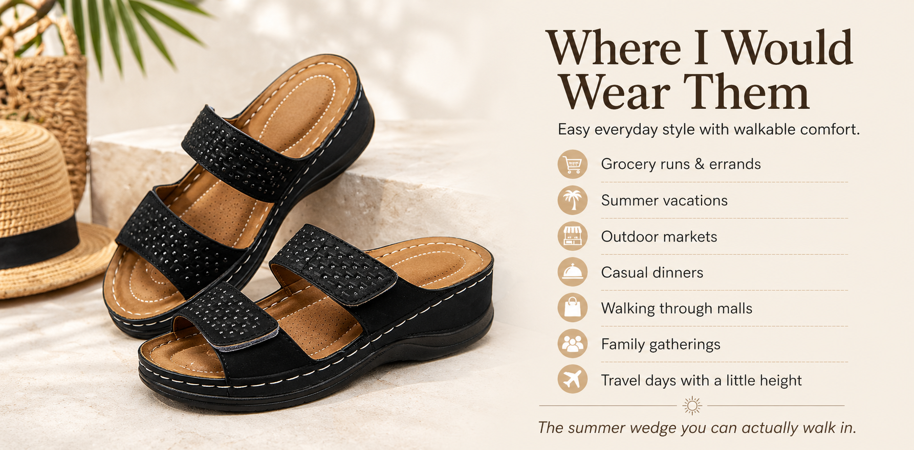 Women wearing lightweight wedge sandals for daily walking