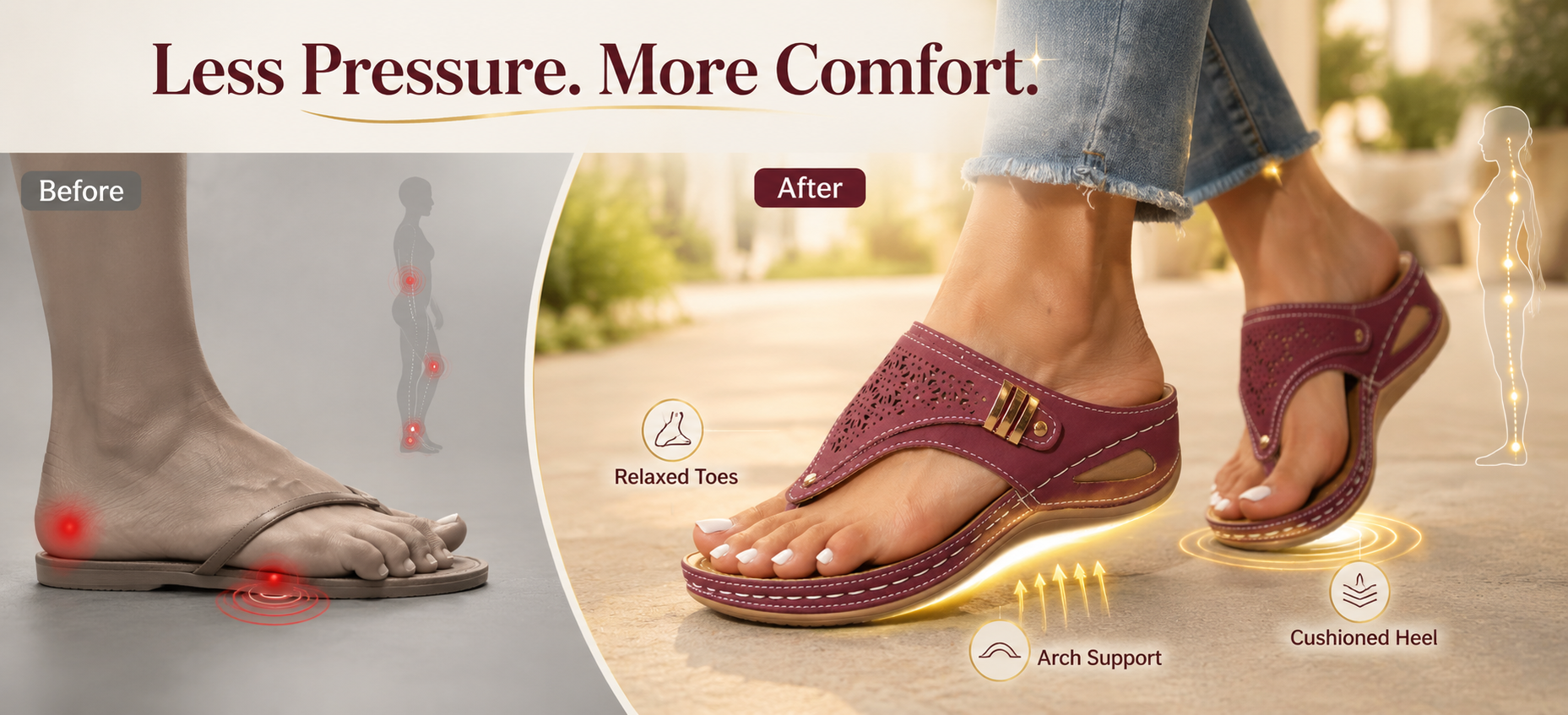 Suggested image: comfort support graphic showing reduced pressure on heel, arch, knees, hips, and lower back