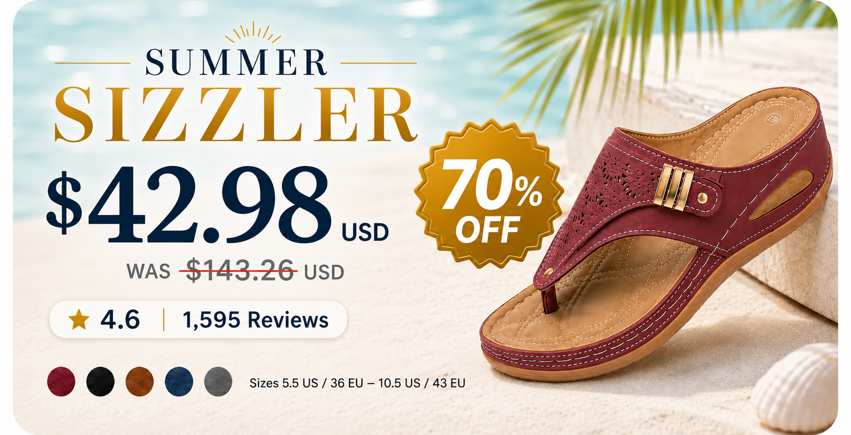 Suggested image: product offer graphic showing $42.98 sale price, 70% OFF, and available colors