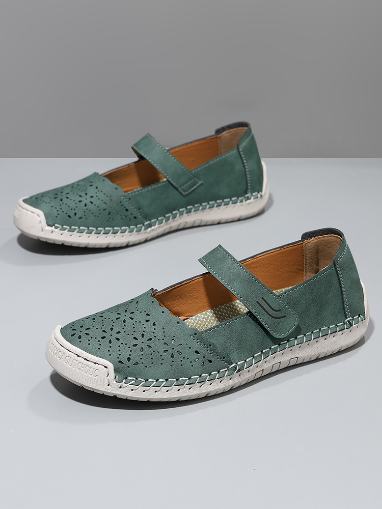 Perforated Mary Jane Flats – Hook-and-Loop Comfort Walking Shoes