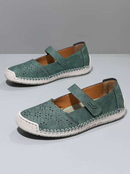 Perforated Mary Jane Flats – Hook-and-Loop Comfort Walking Shoes