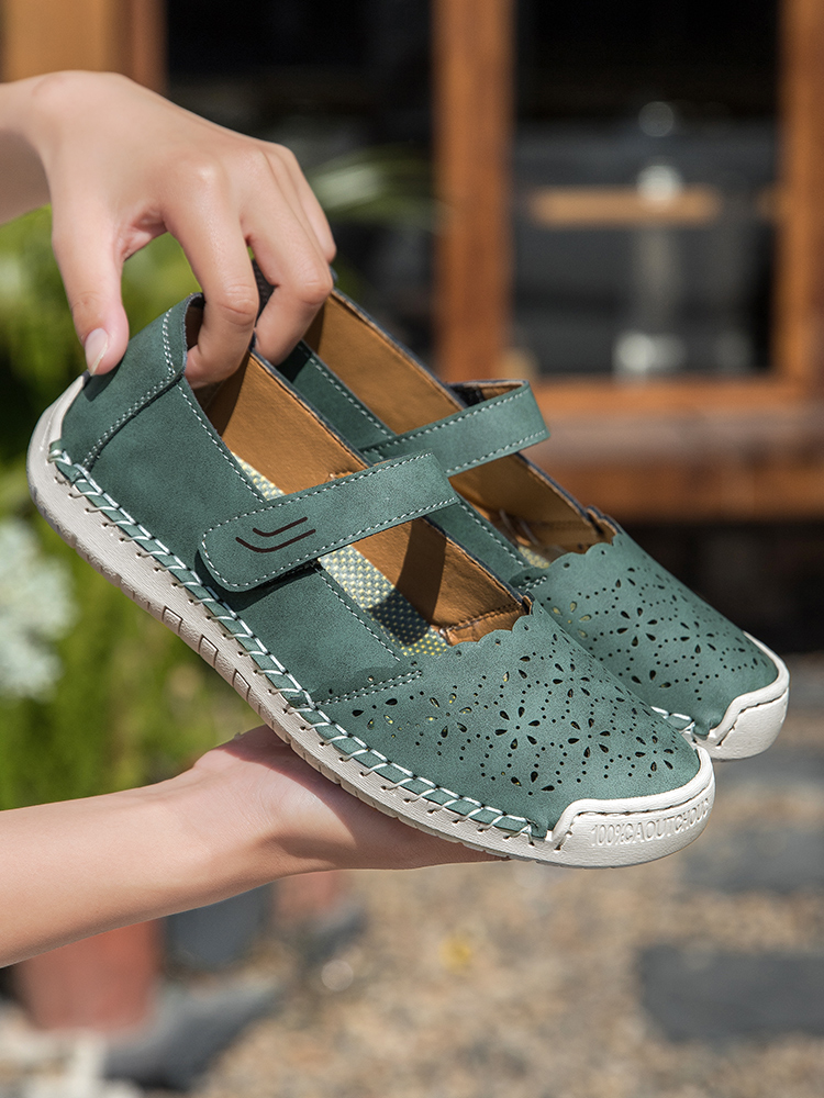 Perforated Mary Jane Flats – Hook-and-Loop Comfort Walking Shoes