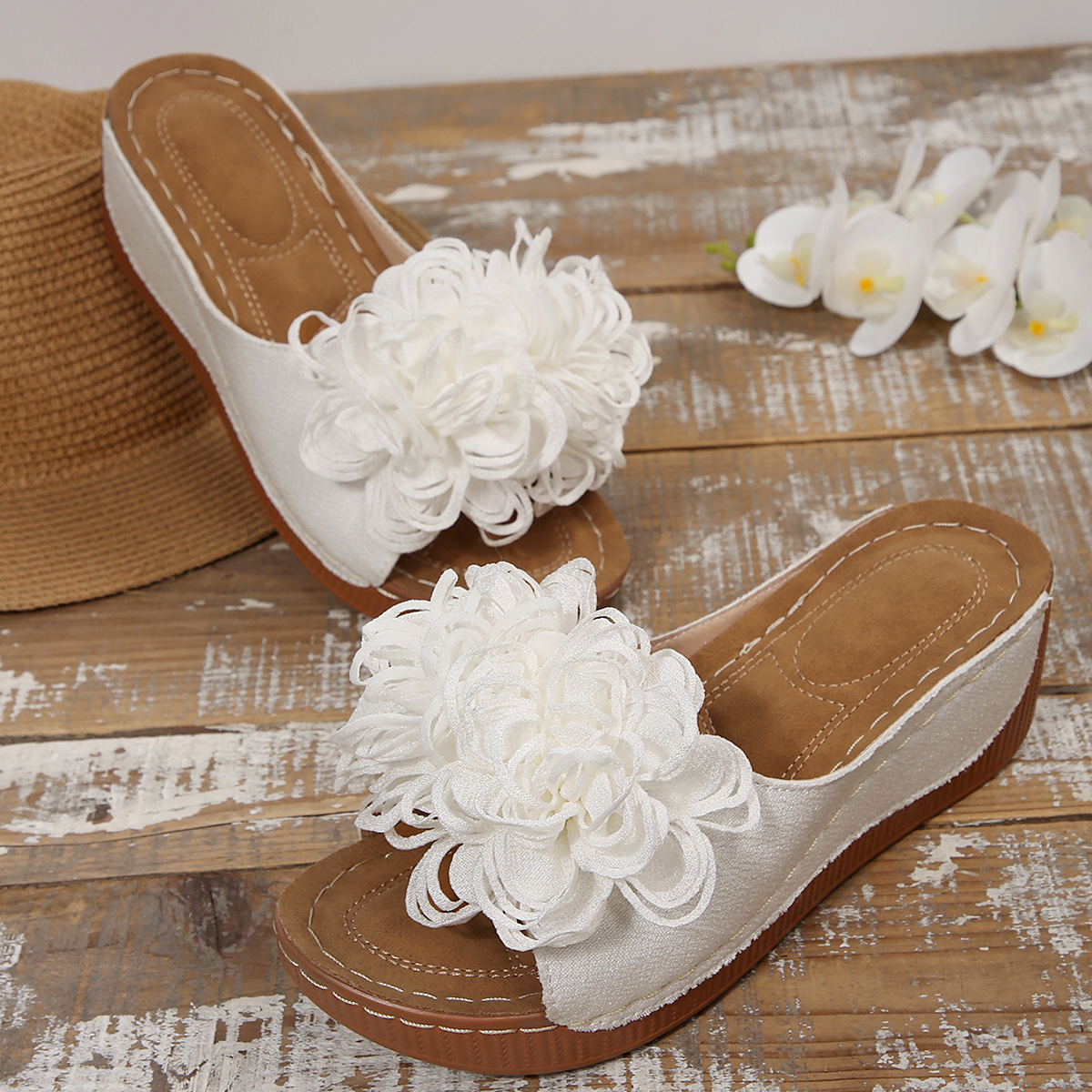 Floral Wedge Slide Sandals – Open Toe Comfort Mules