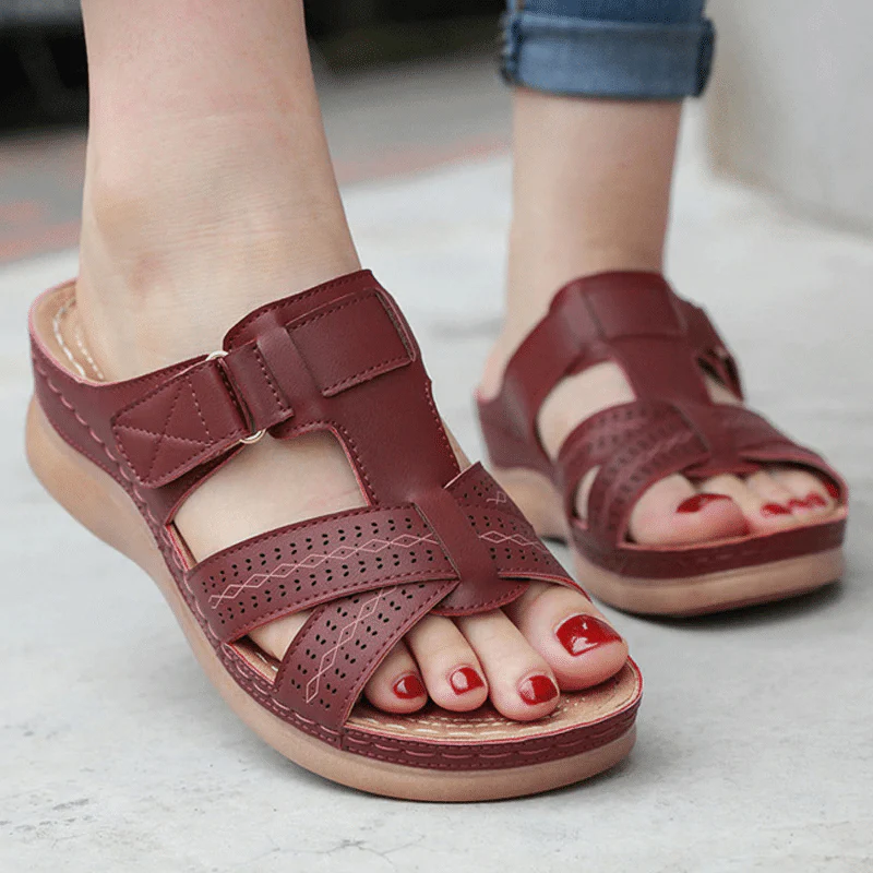 Perforated Wedge Slide Sandals – Adjustable Open Toe Comfort Slides