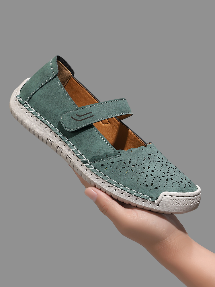 Perforated Mary Jane Flats – Hook-and-Loop Comfort Walking Shoes