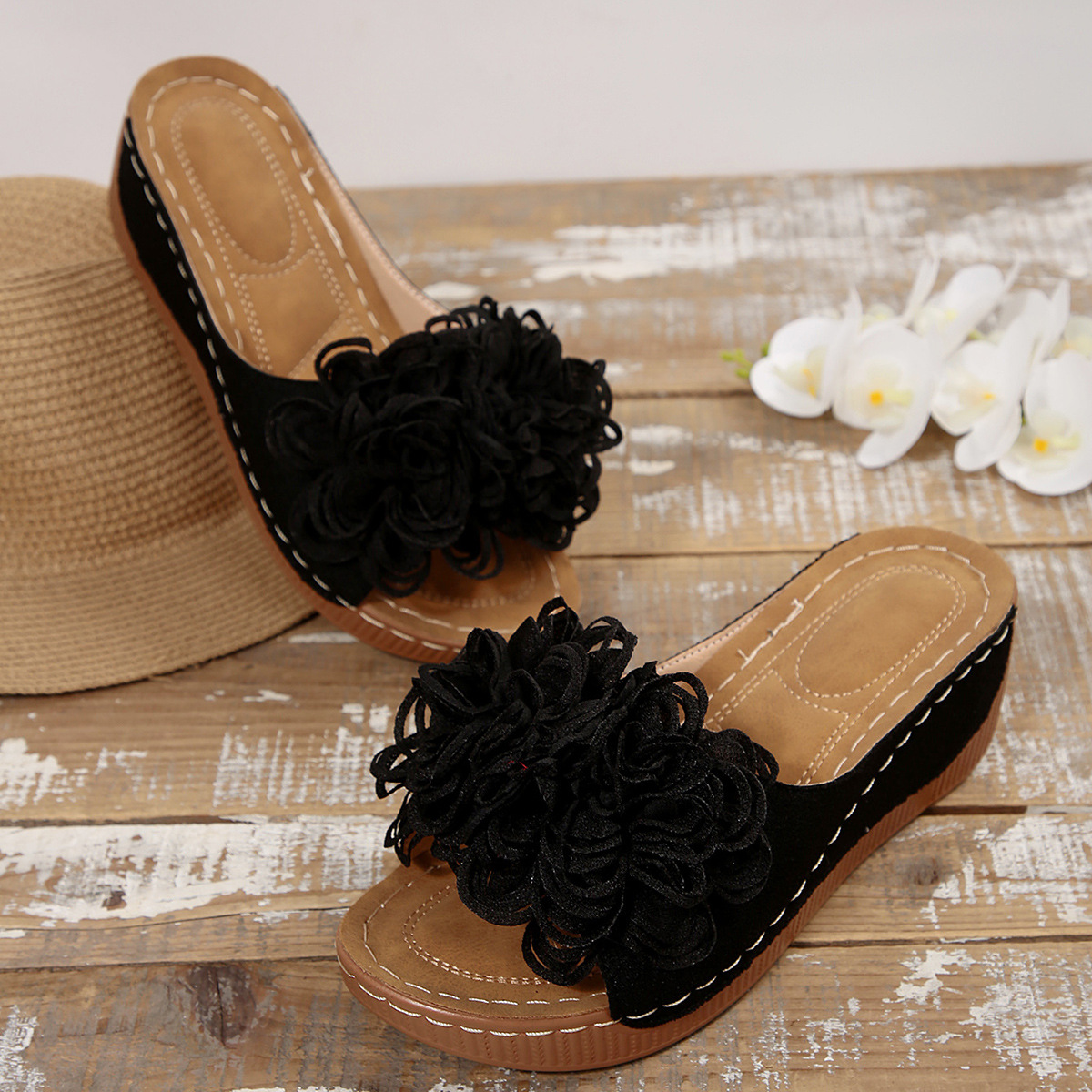 Floral Wedge Slide Sandals – Open Toe Comfort Mules