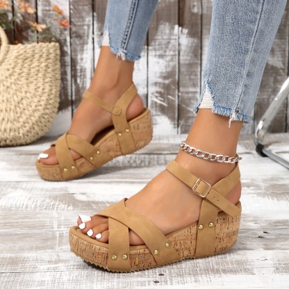 😍Last Day 70% OFF😍-Women's Retro Leather Buckle Wedge Heel Sandals