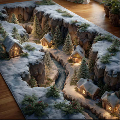 Enchanting Christmas Town Runner Rug with Snow-Covered Cottages & Sparkling Snowfall Pattern | Christmas Town