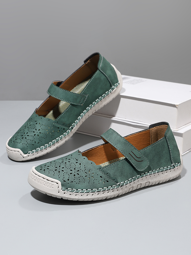 Perforated Mary Jane Flats – Hook-and-Loop Comfort Walking Shoes