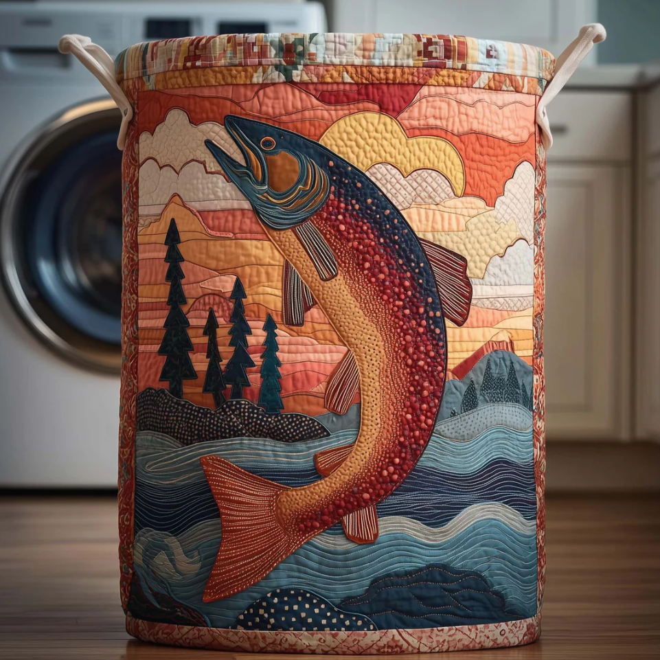 Vivid Freshwater Fish & Lakeside Pattern Quilted Laundry Basket Eco-Friendly Machine Washable Storage Organizer for Home Angler Decor | Fish