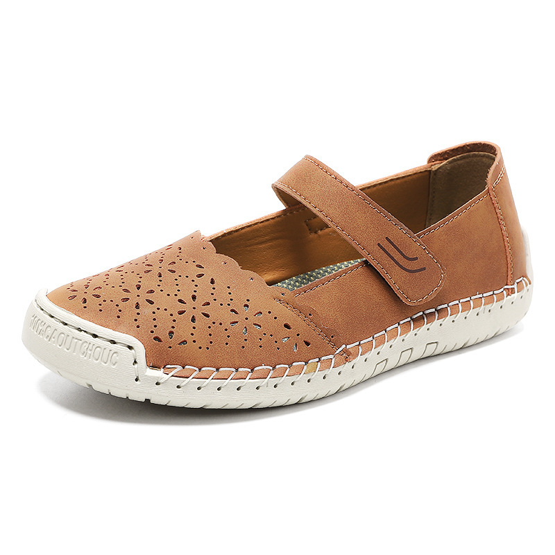 Perforated Mary Jane Flats – Hook-and-Loop Comfort Walking Shoes