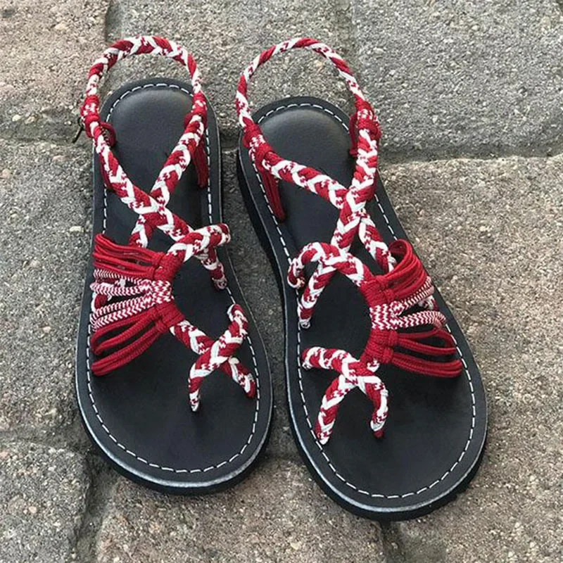 Women Summer Flip Flop Sandals Shoes Mixed Color Matching Rope Knot Beach Toe Roman Sandals Casual Comfortable Plus Size Shoes