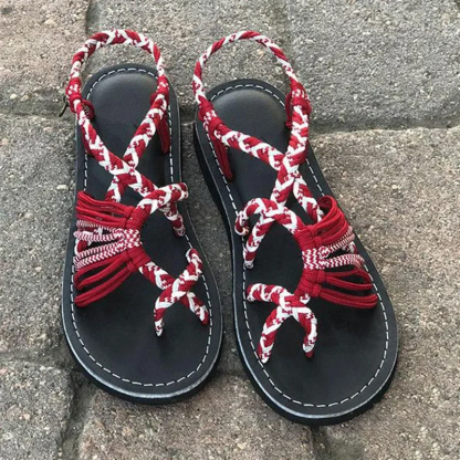 Women Summer Flip Flop Sandals Shoes Mixed Color Matching Rope Knot Beach Toe Roman Sandals Casual Comfortable Plus Size Shoes