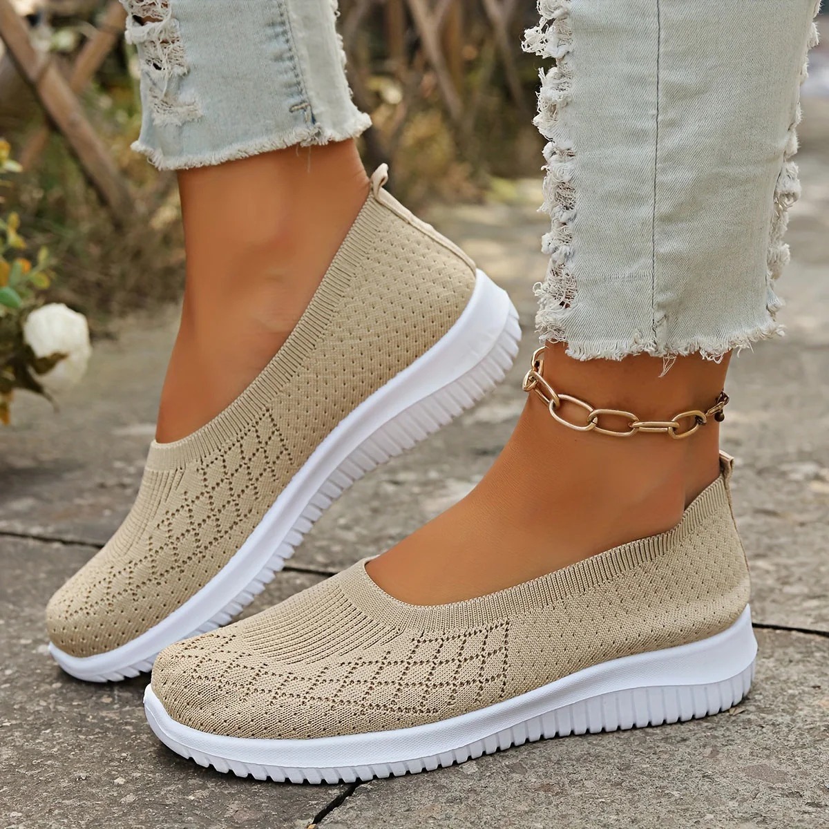 Knit Slip-On Flats – Breathable Lightweight Walking Shoes