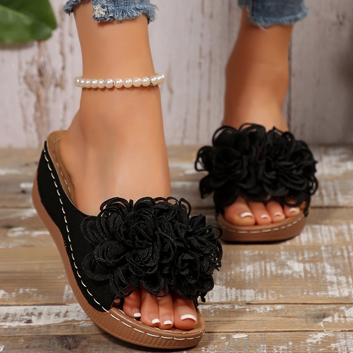 Floral Wedge Slide Sandals – Open Toe Comfort Mules