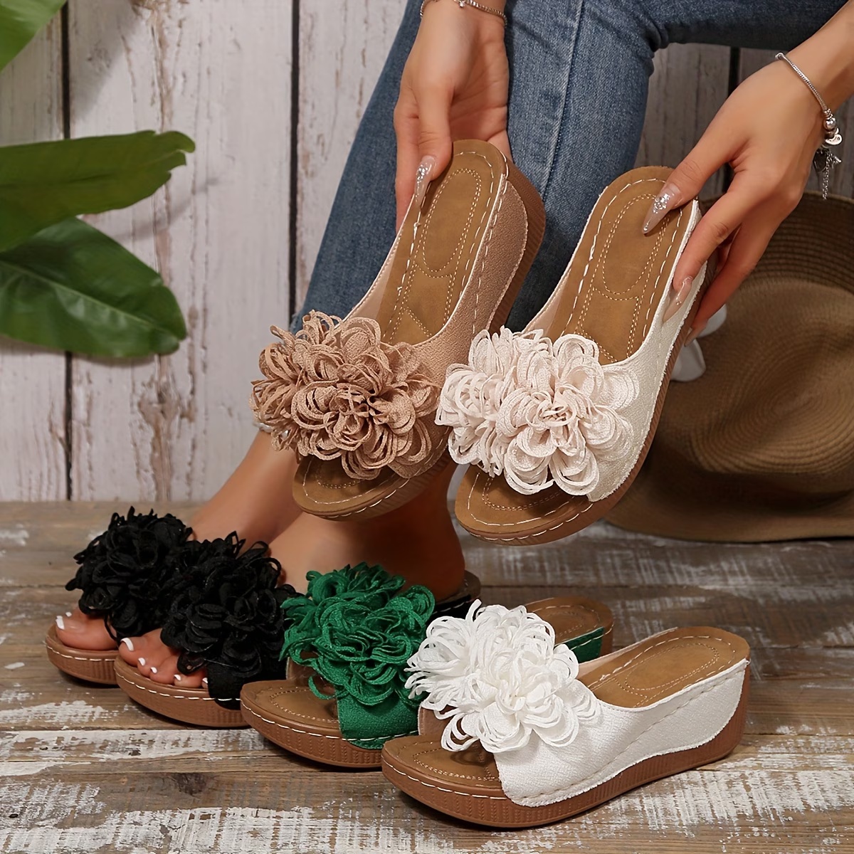 Floral Wedge Slide Sandals – Open Toe Comfort Mules