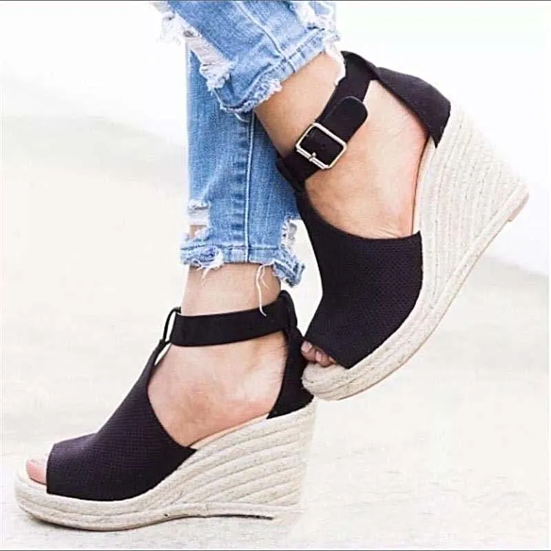 Leopard Wedge Sandals – Buckle Ankle Strap Platform Sandals