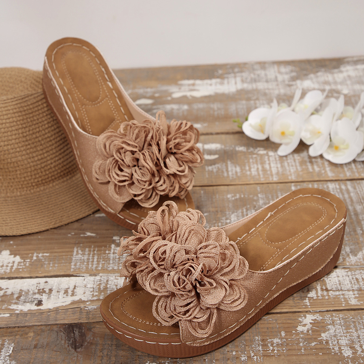 Floral Wedge Slide Sandals – Open Toe Comfort Mules