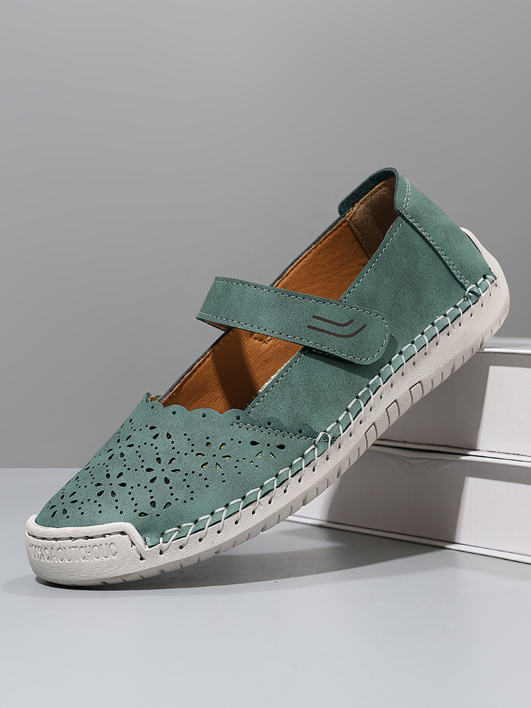 Perforated Mary Jane Flats – Hook-and-Loop Comfort Walking Shoes