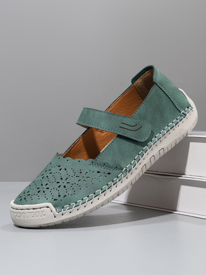 Perforated Mary Jane Flats – Hook-and-Loop Comfort Walking Shoes