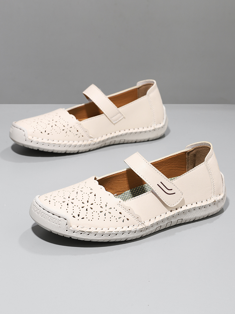 Perforated Mary Jane Flats – Hook-and-Loop Comfort Walking Shoes