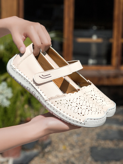 Perforated Mary Jane Flats – Hook-and-Loop Comfort Walking Shoes