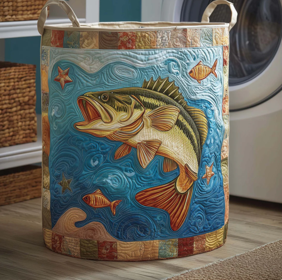 Vivid Freshwater Fish & Lakeside Pattern Quilted Laundry Basket Eco-Friendly Machine Washable Storage Organizer for Home Angler Decor | Fish