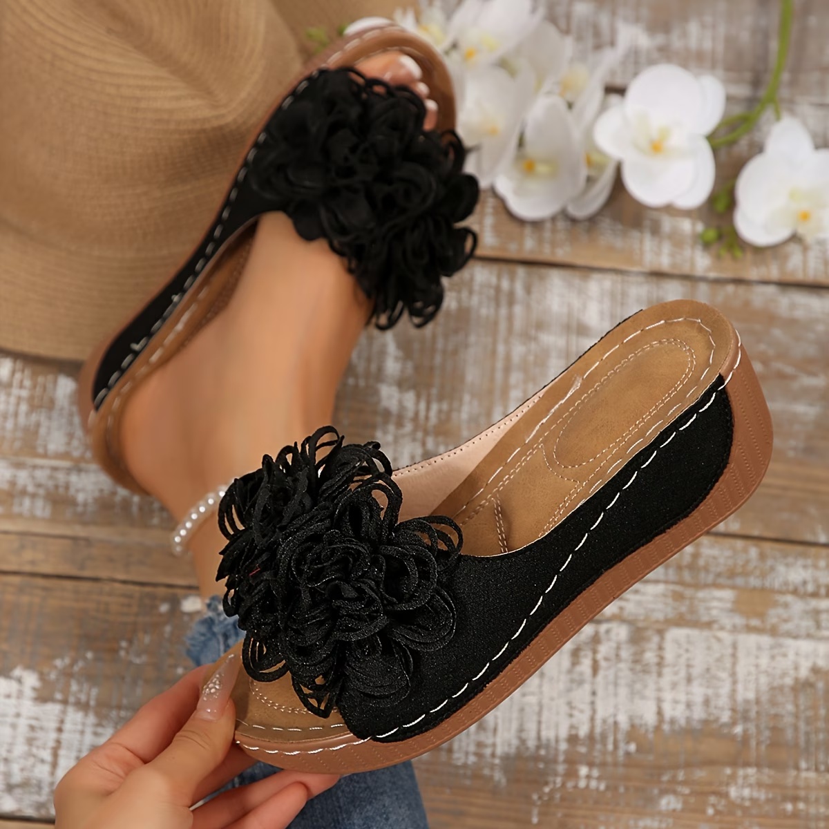 Floral Wedge Slide Sandals – Open Toe Comfort Mules