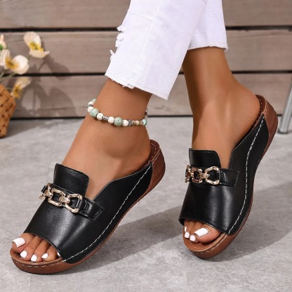 Metallic Buckle Wedge Mules – Easy Slip-On with Arch Support