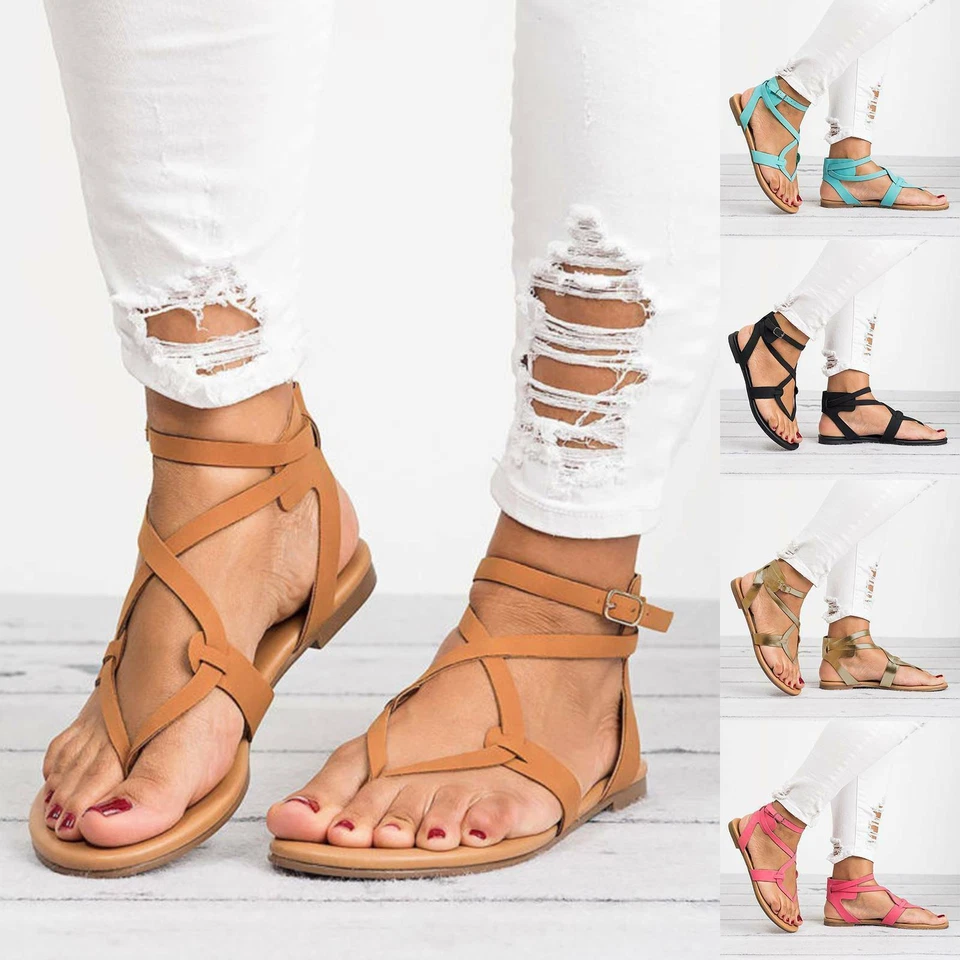 Strappy Flat Sandals – Adjustable Ankle Strap Summer Sandals