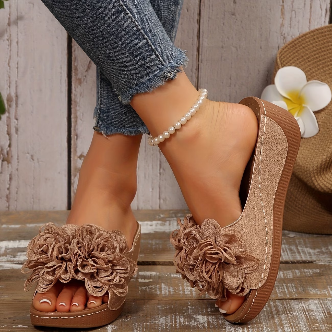 Floral Wedge Slide Sandals – Open Toe Comfort Mules