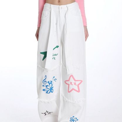 Women's Springsummer High Waist Drooping Pear Shapes Stitching Style Printed Jeans