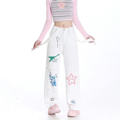 Women's Springsummer High Waist Drooping Pear Shapes Stitching Style Printed Jeans