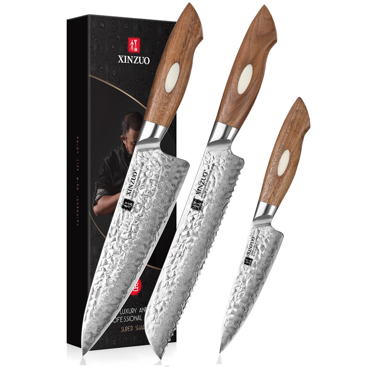 【Import z Japonii】 Zestaw 5 noży XINZUO, stal damasceńska AUS-10