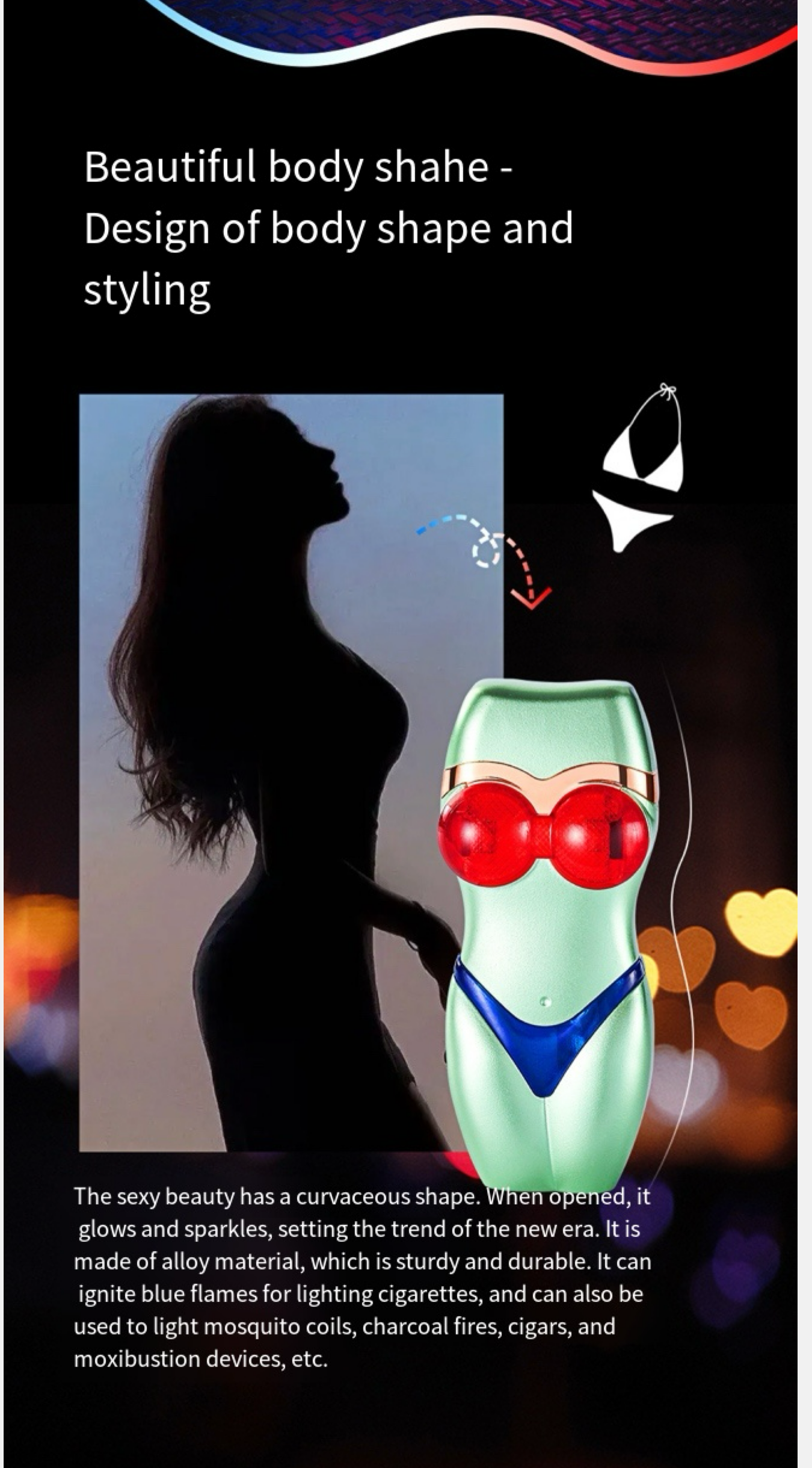 Product Description✨Bikini-Shaped ✨LED ✨Windproof Jet Lighter ✨Decoration