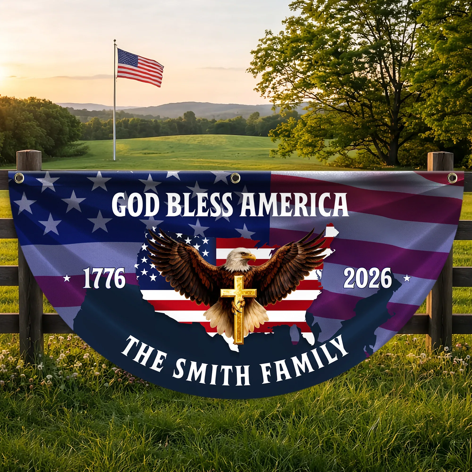 Personalized God Bless America Patriotic Eagle Fan Flag