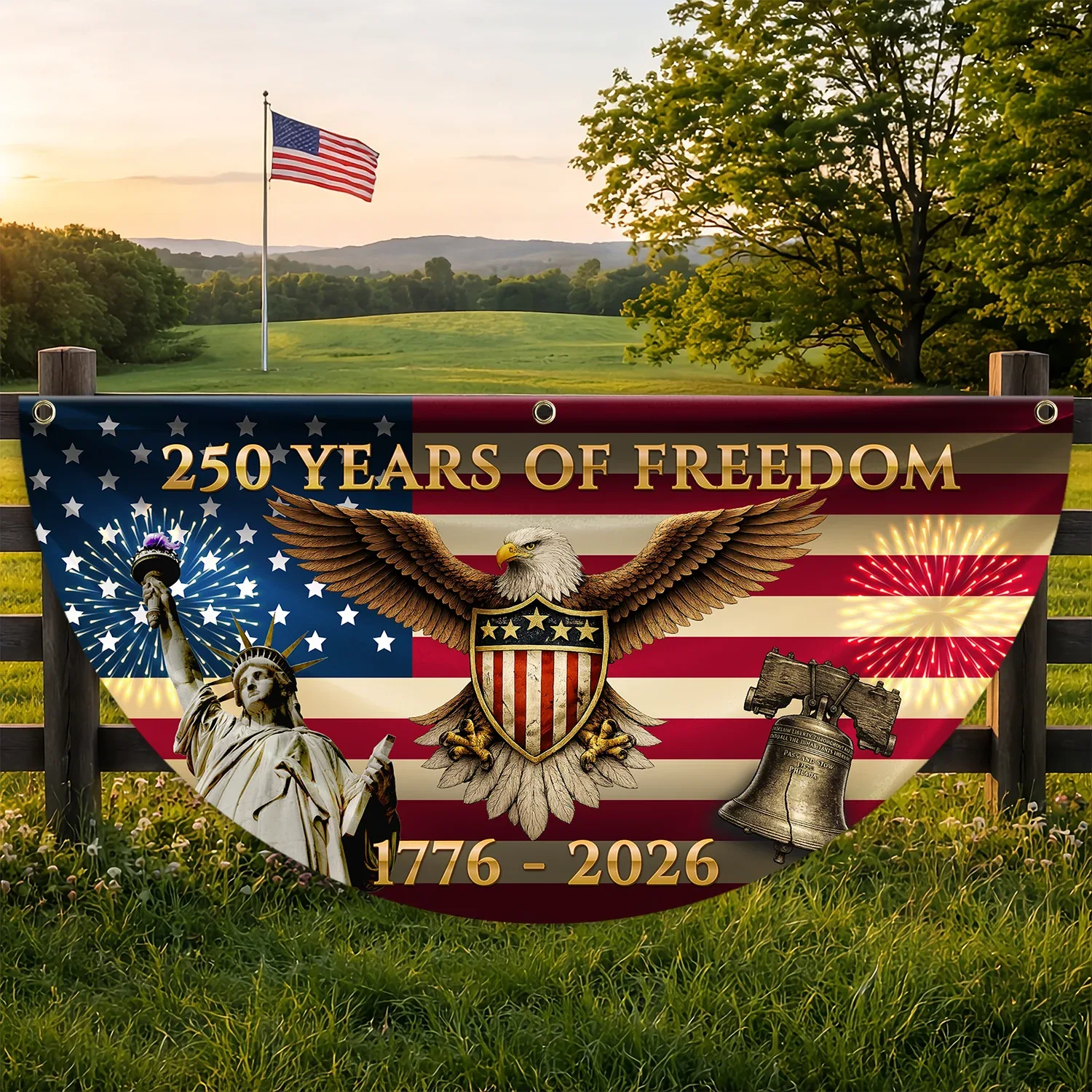 250 Years of Freedom Eagle Liberty Bell Patriotic Fan Flag