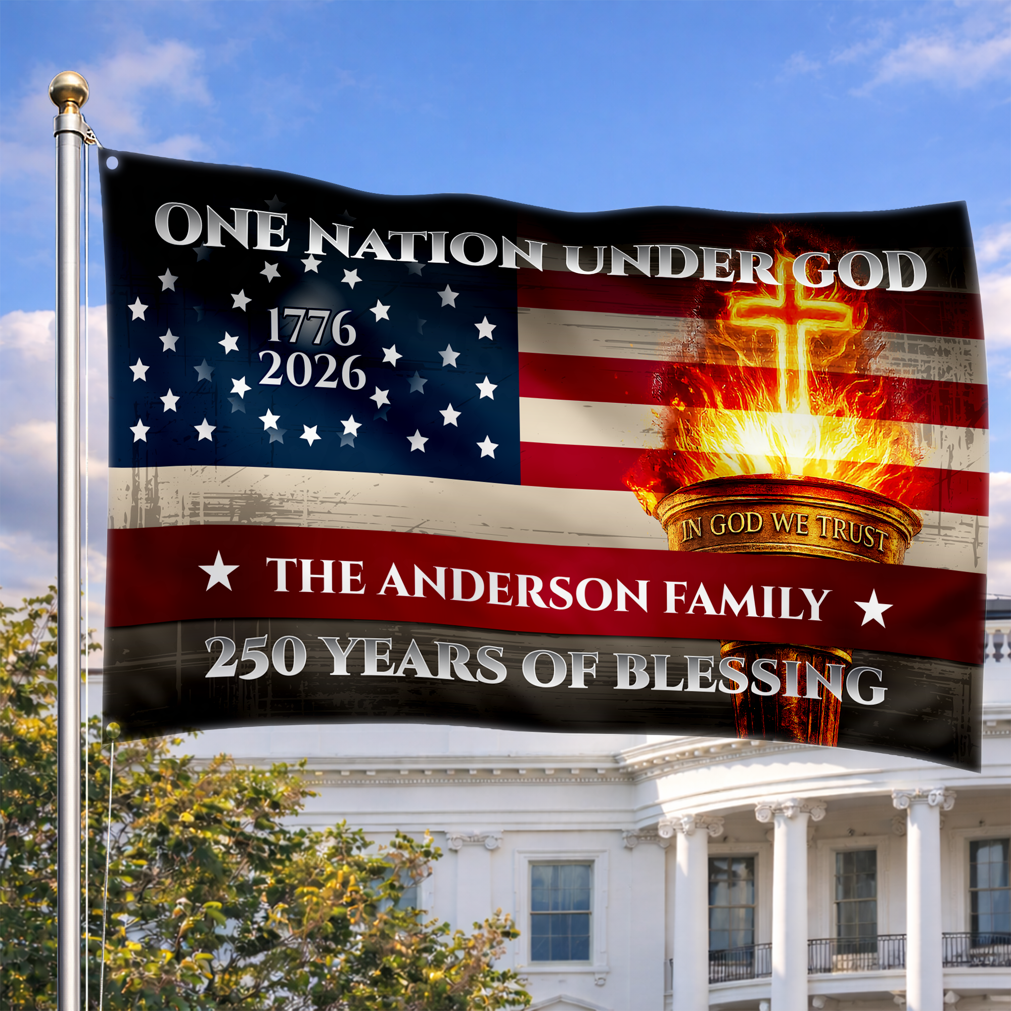 Personalized One Nation Under God Torch House Flag