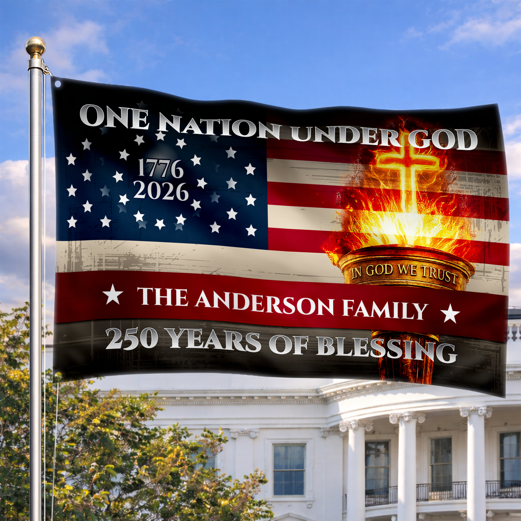 Personalized One Nation Under God Torch House Flag
