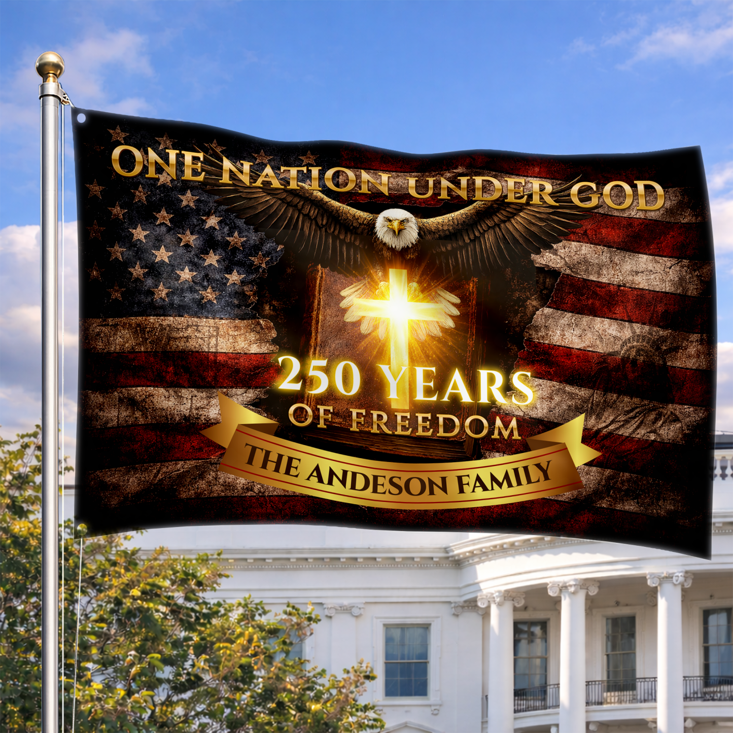 Personalized One Nation Under God 250 Years of Freedom House Flag