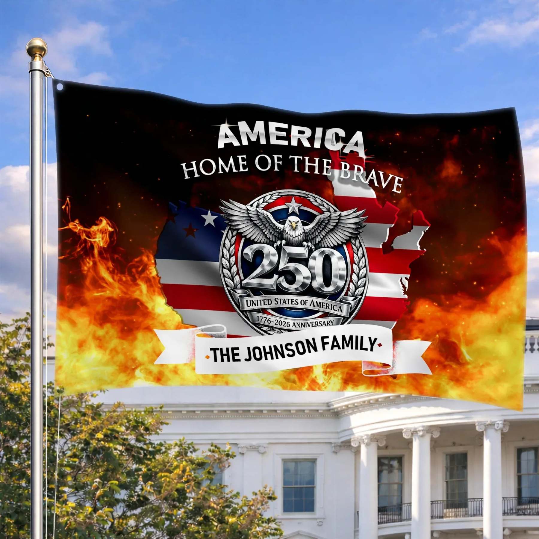 Personalized America 250 Home of the Brave House Flag
