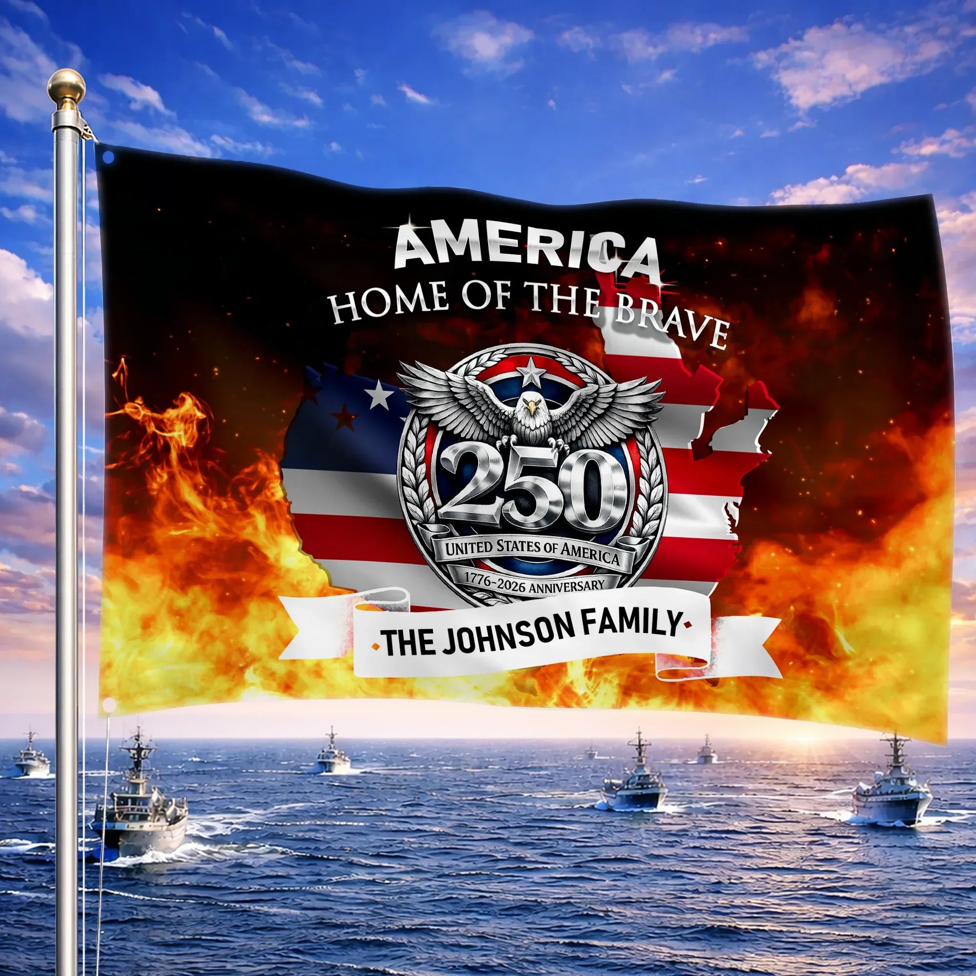 Personalized America 250 Home of the Brave House Flag