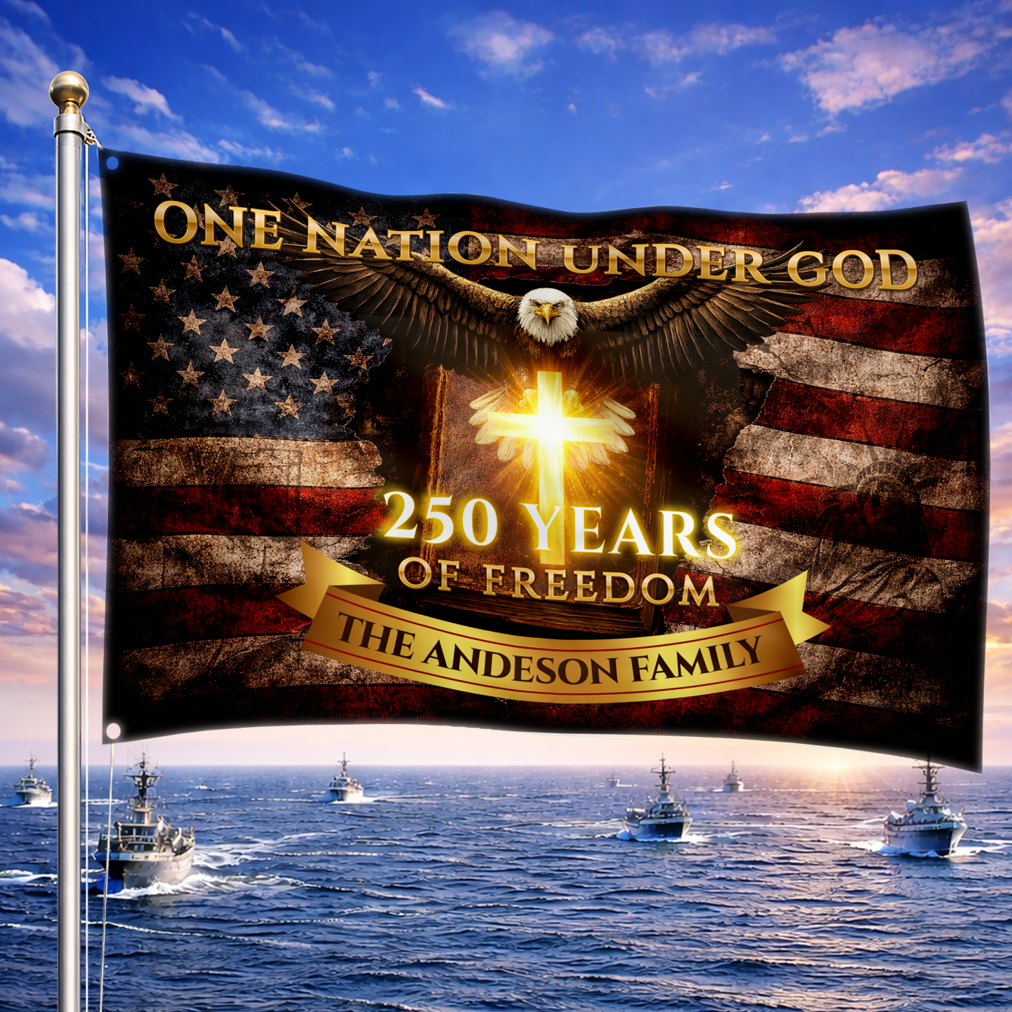 Personalized One Nation Under God 250 Years of Freedom House Flag