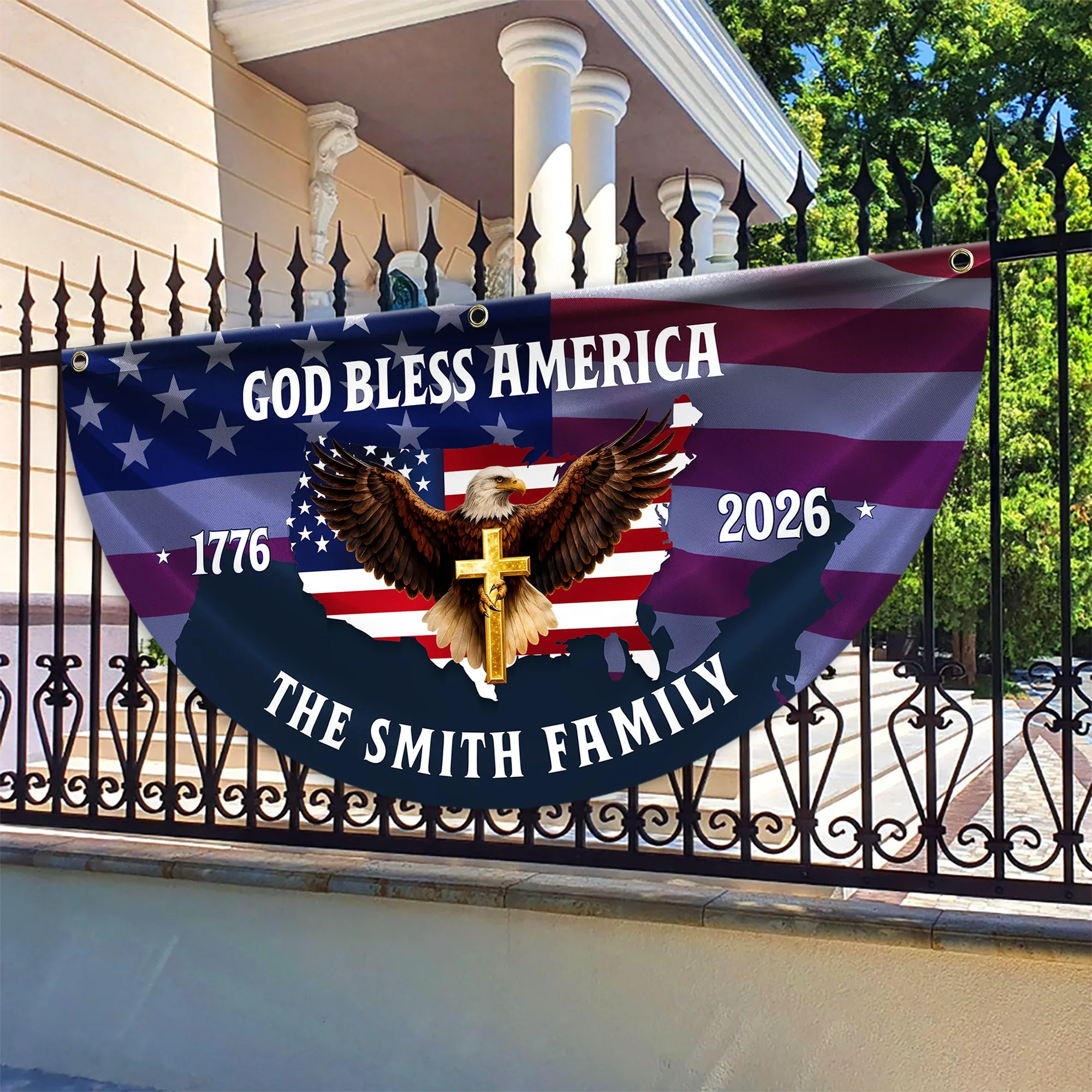 Personalized God Bless America Patriotic Eagle Fan Flag